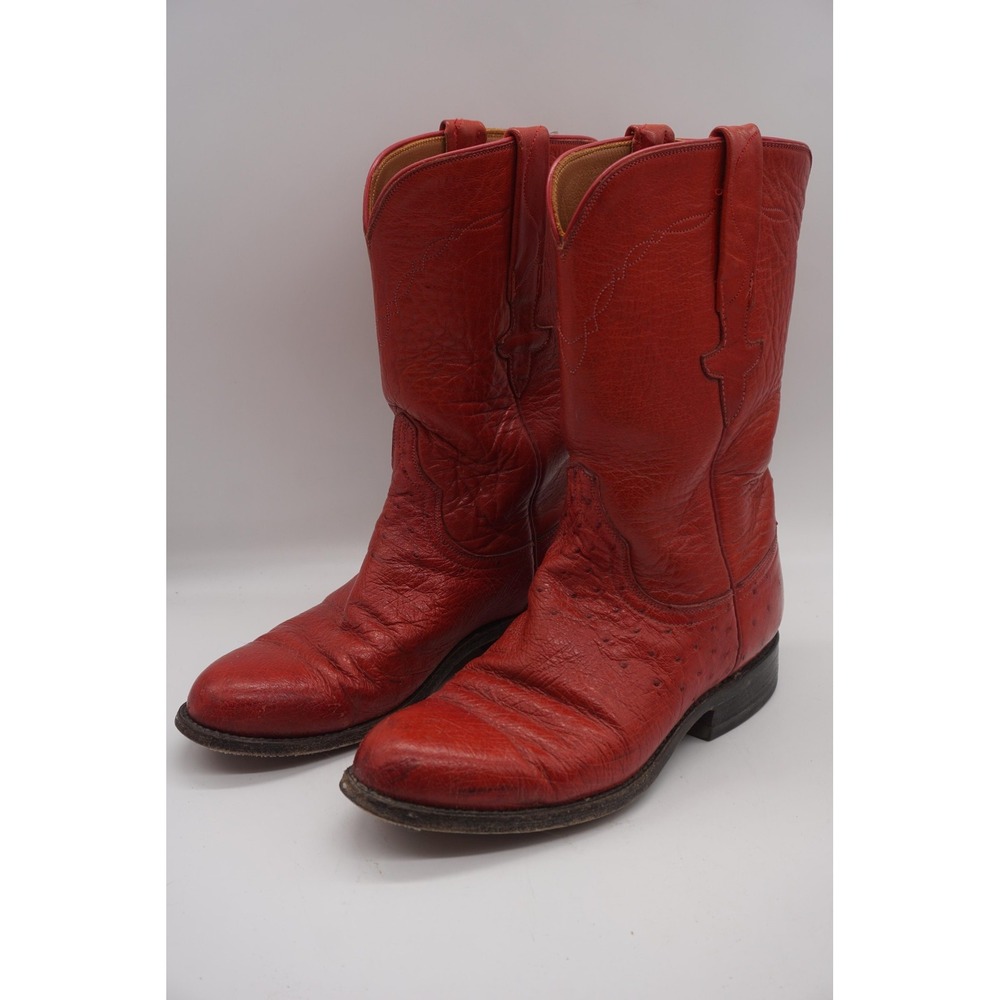Lucchese Classic Boots Red Leather Western Mid-Calf Ostrich Women's Size 6B‎